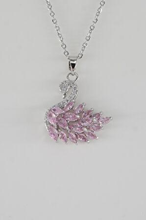 Kadın Kararmaz Çelik Gümüş Kuğu Tasarım Pembe Taşlı Özel Tasarım Kolye – Hediyelik