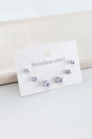 Çelik Baget Zirkon Taşlı 6'lı 3 Boy Küpe Seti – Antialerjenik Kararmaz