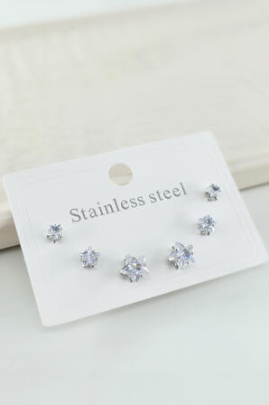 Çelik Baget Zirkon Taşlı 6'lı 3 Boy Küpe Seti – Antialerjenik Kararmaz