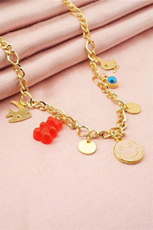 Kadın Özel Tasarım Kırmızı Renk Karışık Figürlü Nazarlı Kolye