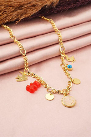 Kadın Özel Tasarım Kırmızı Renk Karışık Figürlü Nazarlı Kolye