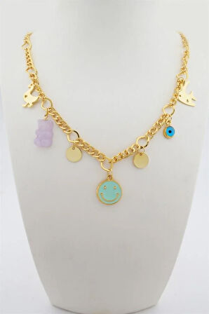 Kadın Özel Tasarım Mor Renk Karışık Figürlü Nazarlı Kolye