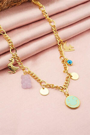 Kadın Özel Tasarım Mor Renk Karışık Figürlü Nazarlı Kolye