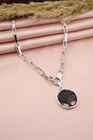 Kadın Özel Tasarım Hayat Ağacı ve El Figürlü  Örme Zincirli Kolye