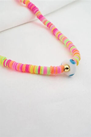 Kadın Cam Nazar Figürlü Renkli Fümo Kolye