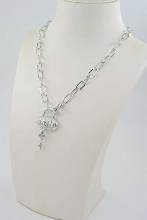 Kadın Özel Tasarım Çanta ve Kilit Figürlü Mineli Kolye