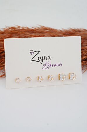 Kadın 3 Boy 6'lı Kare Zirkon Taşlı Küpe Set