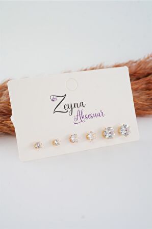 Kadın 3 Boy 6'lı Oval Zirkon Taşlı Küpe Set
