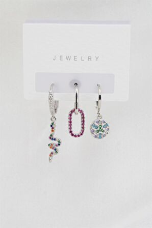 Kadın Altın Kaplama Renkli Zirkon Taşlı Yılan Model 3'lü Küpe Set