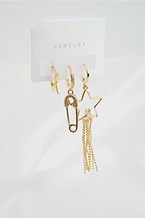 Kadın Altın Kaplama Zirkon Taşlı Yıldız Model ve Zincirli 3'lü Küpe Set