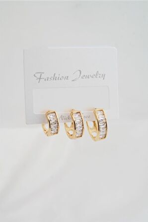 Kadın Altın Kaplama Baget Zirkon Taşlı Figürlü 3 Boy Küpe Seti