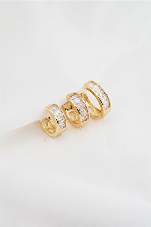 Kadın Altın Kaplama Baget Zirkon Taşlı Figürlü 3 Boy Küpe Seti