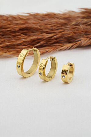 Kadın 316L Çelik 3 Boy Zirkon Taşlı 3'lü Küpe Seti