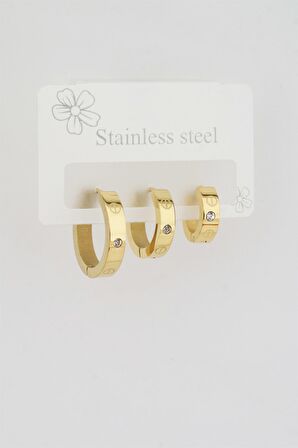 Kadın 316L Çelik 3 Boy Zirkon Taşlı 3'lü Küpe Seti