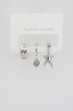 Kadın Altın Kaplama Zirkon Taşlı Yıldız Figürlü 3'lü Küpe Seti