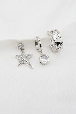 Kadın Altın Kaplama Zirkon Taşlı Yıldız Figürlü 3'lü Küpe Seti