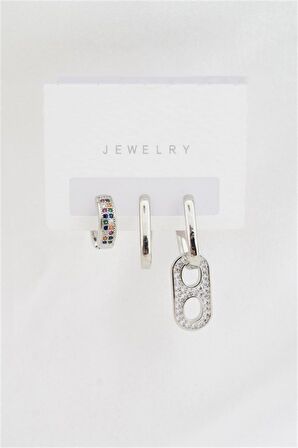 Kadın Altın Kaplama Renkli Zirkon Taşlı 3'lü Küpe Set