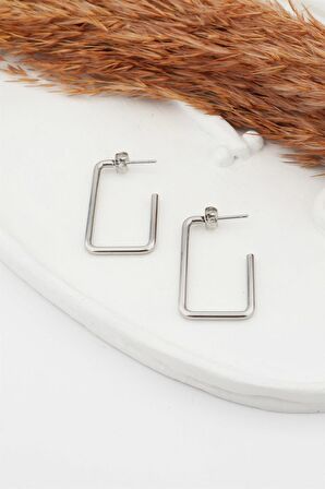 Kadın Çelik Basic Geometrik 3.5 cm Dikdörtgen Model Küpe