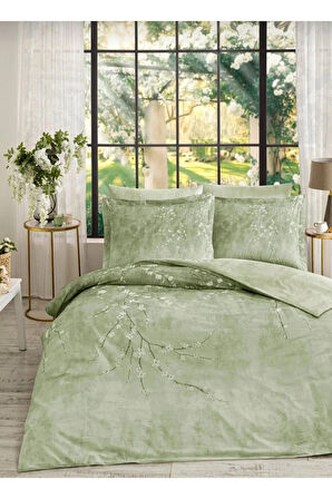 Çift Kişilik (Çarşafı Lastikli) Nevresim Takımı Sakura Yeşil