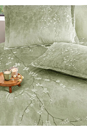 Çift Kişilik (Çarşafı Lastikli) Nevresim Takımı Sakura Yeşil