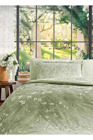 Çift Kişilik (Çarşafı Lastikli) Nevresim Takımı Sakura Yeşil