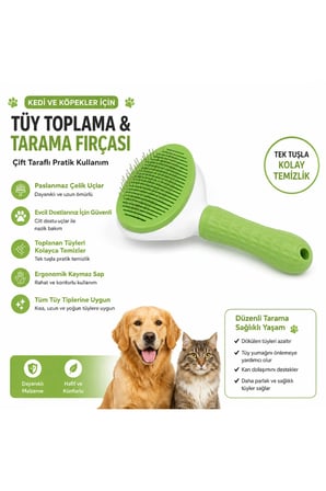 Kedi ve Köpek Tüy Toplama & Tarama Fırçası – Tek Tuşlu Temizleme Özellikli – Ergonomik Sap YEŞİL Renk
