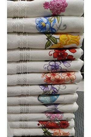 ( 12 Adet ) Çeyizlik Nakışlı El Yüz Havlusu 50x90cm Beyaz ( 2 ad Mutfak Havlusu Hediyeli )