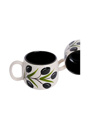 Zeytin Desenli Tabaklı Double Seramik El Yapımı Kupa, Seramik Kupa, Handmade, Kahve Kupası