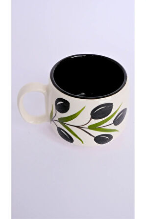 Zeytin Desenli Tabaklı Double Seramik El Yapımı Kupa, Seramik Kupa, Handmade, Kahve Kupası