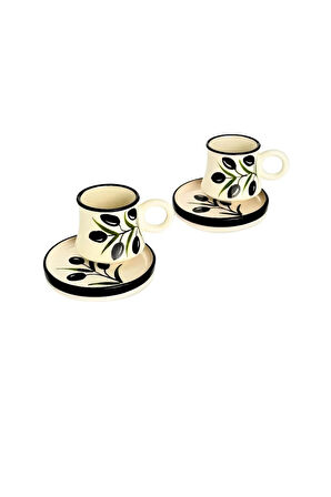 2’li Takım Zeytin Desenli El Yapımı kazan Seramik Kahve Fincanı, Kahve Fincanı, Hand made