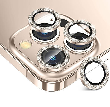 Iphone 16 Pro ve 16 Pro Max Çöl Desert (Gold-Altın) Titanyum Uyumlu Taşlı Kamera Lens Koruyucu Cam