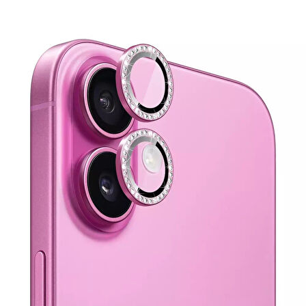 Iphone 16 ve 16 Plus Pembe (Pink)  Uyumlu Taşlı Kamera Lens Koruyucu Cam