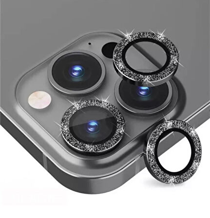 Iphone 16 Pro ve 16 Pro Max Siyah (Black) Titanyum Uyumlu Taşlı Kamera Lens Koruyucu Cam