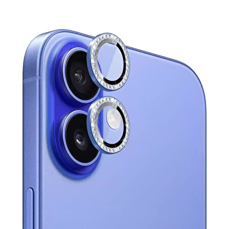 Iphone 16 ve 16 Plus Laciverttaş (Ultramarine)  Uyumlu Taşlı Kamera Lens Koruyucu Cam