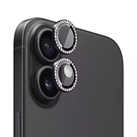 Iphone 16 ve 16 Plus Siyah (Black) Uyumlu Taşlı Kamera Lens Koruyucu Cam