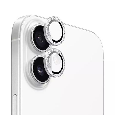 Iphone 16 ve 16 Plus Beyaz (White)  Uyumlu Taşlı Kamera Lens Koruyucu Cam