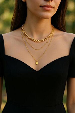 Altın Renk Üç Katlı Zincir Kolye – Kalın Choker & İnce Zincir & Madalyon Uç Detaylı