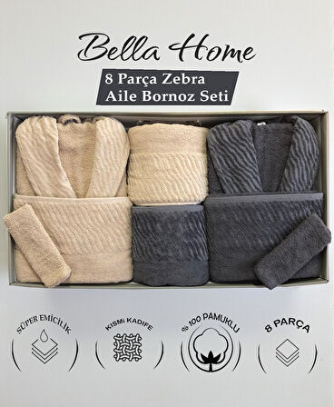 Bella Home 8 Parça Zebra Aile Bornoz Seti - %100 Pamuk - Orijinal Lüks Kutu