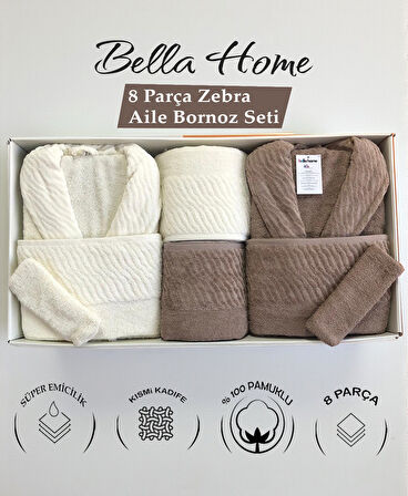Bella Home 8 Parça Zebra Aile Bornoz Seti - %100 Pamuk - Orijinal Lüks Kutu