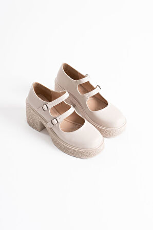 Jasmine Premium Kadın Bej Günlük Platform Topuklu Çift Baretli Loafer Ayakkabı