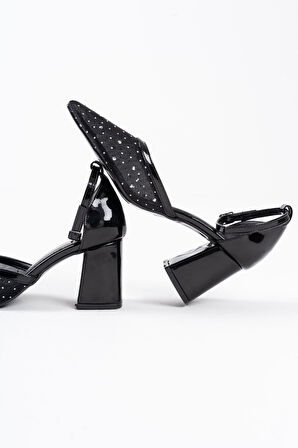 Borie Premium Siyah Tekstil Kumaş Taşlı Kadın Topuklu Ayakkabı