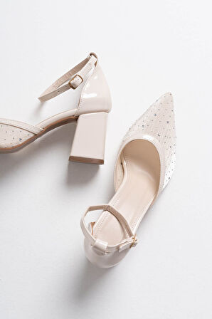 Borie Premium Bej Tekstil Kumaş Taşlı Kadın Topuklu Ayakkabı