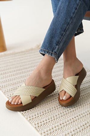 Fayn Premium Bej Örgülü Hakiki Deri Terlik