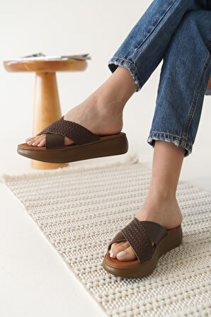 Fayn Premium Acı Kahve Örgülü Hakiki Deri Terlik