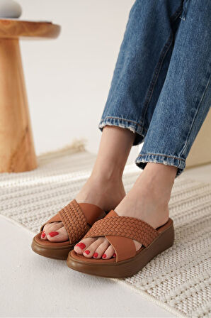 Fayn Premium Taba Örgülü Hakiki Deri Terlik