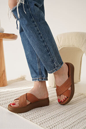 Fayn Premium Taba Örgülü Hakiki Deri Terlik