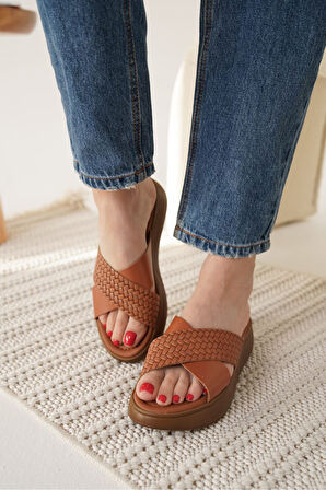 Fayn Premium Taba Örgülü Hakiki Deri Terlik