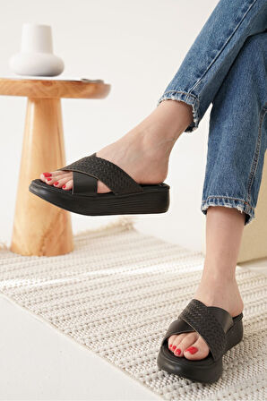 Fayn Premium Siyah Örgülü Hakiki Deri Terlik