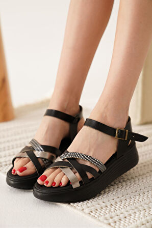 Herry Premium Siyah Gümüş Detaylı Hakiki Deri Sandalet