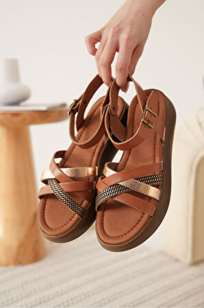 Herry Premium Taba Altın Detaylı Hakiki Deri Sandalet